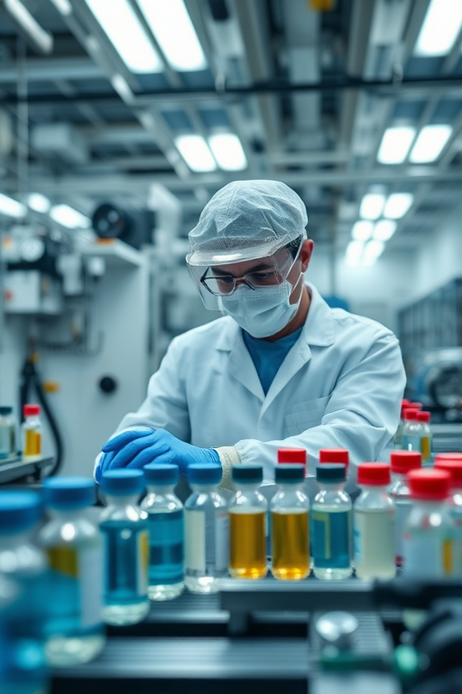 generate an image of a scientist in a lab coat and protective gear working with vials on a production line in a pharmaceutical factory interior, using a Canon EOS 5D Mark IV with a 50mm lens, f/2.8 aperture, ISO 200, 1/250 sec shutter speed, HDR photography style, with a focus on depth of field and high dynamic range lighting