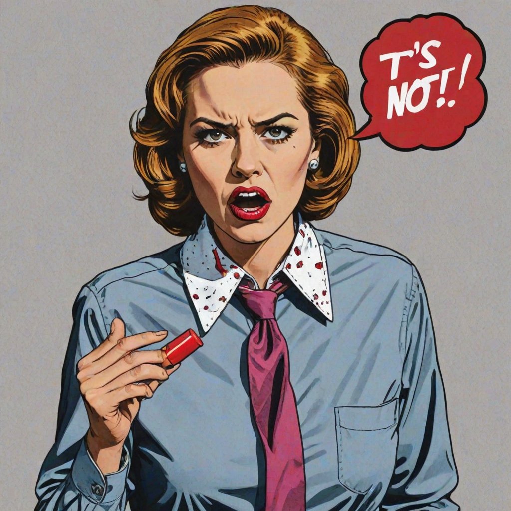 A pop art piece of a very angry wife discovering a lipstick stain on a man's dress shirt. Make the print on his collar. Put a word balloon above the wife's head that says 'It's not my SHADE Bob!!!'