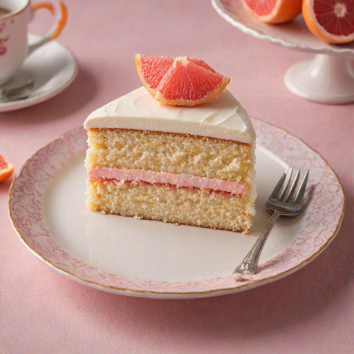 Generate an image of a slice of cake on a decorative plate. The cake should have layers filled with a light pink fruit filling and be topped with a smooth white frosting. Add a slice of pink grapefruit on top of the frosting for decoration. The background should be softly blurred to focus on the cake.