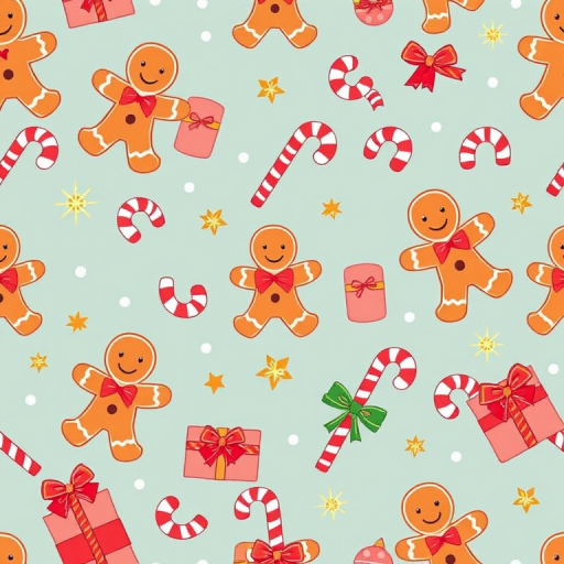 Create a seamless wallpaper design featuring festive elements like gingerbread men, candy canes, and wrapped gifts in a colorful, whimsical style, captured with a DSLR camera at f/8 aperture, 50mm lens, natural lighting, and a shallow depth of field to enhance the vibrancy and detail of the pattern.