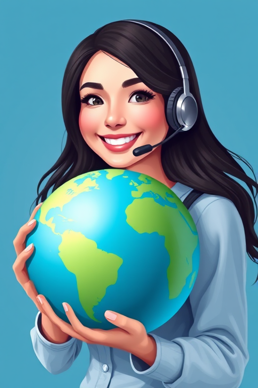 Create a high-resolution digital illustration of a woman with long dark hair holding a globe while smiling and wearing a headset, with a blue background, soft lighting, 50mm lens, f/2.8 aperture, and a shallow depth of field to enhance the focus on the subject and vibrant colors.