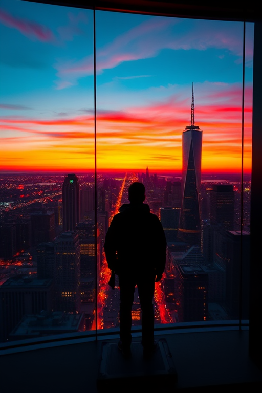 Create a futuristic cityscape at sunset viewed from a high-rise window with a figure silhouetted against vibrant neon colors, using a DSLR camera, 24mm lens, f/2.8 aperture, ISO 100, and a long exposure to capture the glowing skyline reflections.