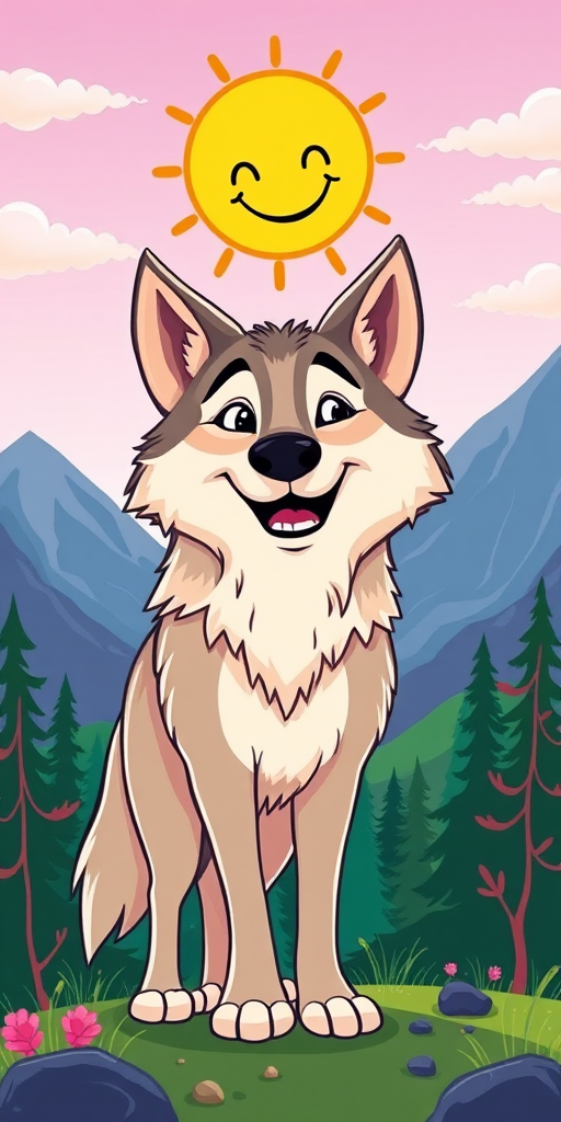Generate a colorful cartoon-style illustration of a happy wolf standing in a vibrant landscape with mountains and a smiling sun, using a Canon EOS 5D Mark IV with a 50mm f/1.8 lens, aperture set to f/8, ISO 100, shot from a low angle to emphasize the wolf and background detail.