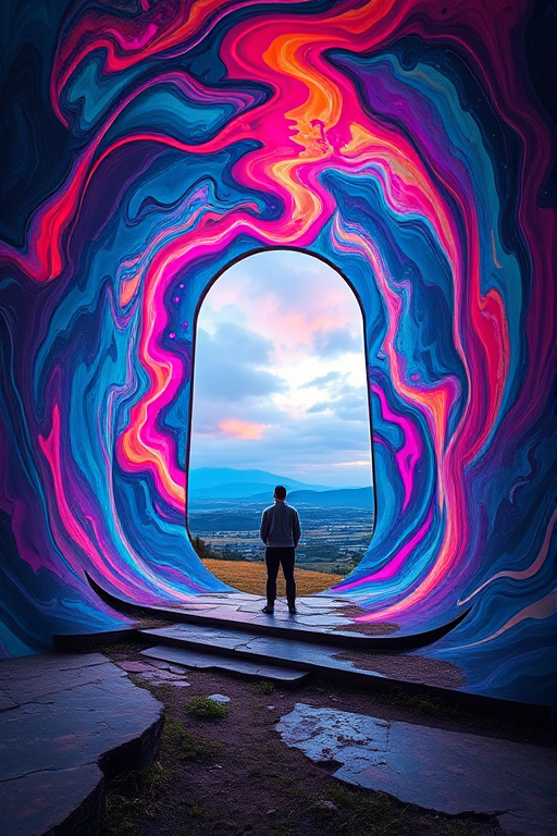 Create a surreal image of a person standing between two vibrant, swirling portals filled with abstract shapes and colors, with a mystical landscape in the background, captured with a Canon EOS R5, 24mm lens, f/2.8 aperture, 1/100s shutter speed, and vivid color profile.