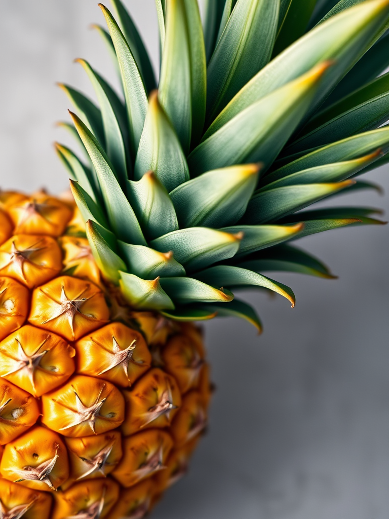 Create a high-quality image of a pineapple with a bright yellow body and green spiky leaves, captured with a DSLR camera, 50mm lens, f/2.8 aperture, ISO 100, with top-down lighting and a shallow depth of field for a soft background.