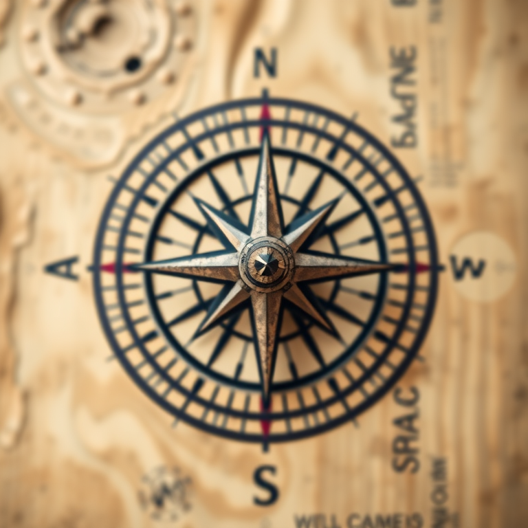 Generate a detailed compass design with sharp, prominent points and a circular background, using a 50mm lens, f/1.8 aperture, ISO 100, and a shallow depth of field, top-down view, digital illustration style.
