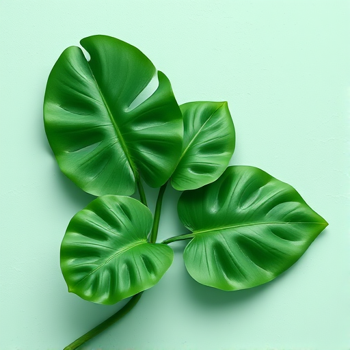 Create a vector-style illustration of three monstera leaves with a textured mint green background, using a 50mm lens, f/4 aperture, ISO 100, shot from a top-down view to enhance texture and detail.