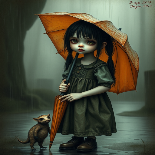 An eerie, weird little girl with dark hair in thin pigtails, wearing a smock dress, standing in the rain, holding a dirty orange umbrella, a small, odd creature beside her. In a surreal style inspired by Nicoletta Ceccoli and Brian Froud. Dark fantasy themes