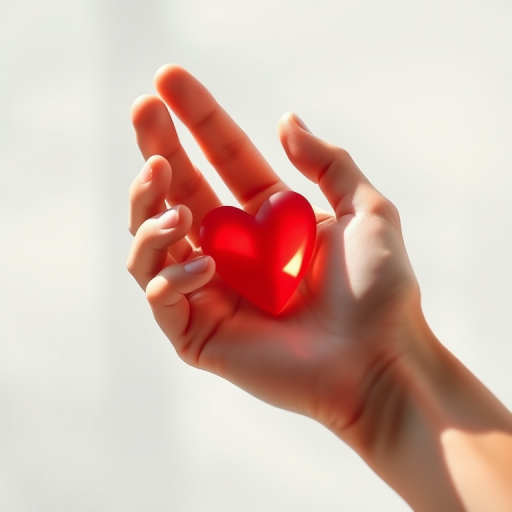 Create a high-resolution vector image of a minimalist hand holding a heart, focusing on smooth lines and soft curves, captured with a full-frame DSLR camera at f/2.8, ISO 100, 50mm lens, with a shallow depth of field for a background blur, in natural light.