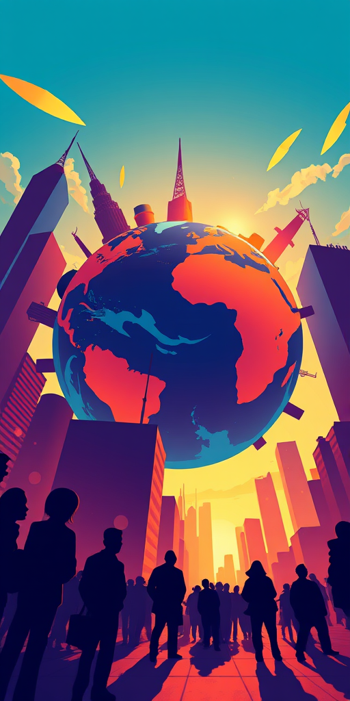 Create a high-resolution digital illustration of a stylized globe surrounded by silhouettes of people and skyscrapers, using a Canon EOS R5 with a 24mm f/1.4 lens at ISO 100, f/11, and a focal length of 24mm, in a vibrant color palette with sharp details and dynamic composition.