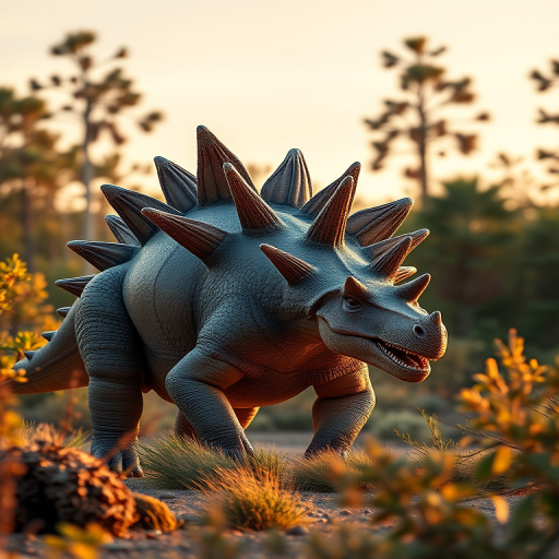 Generate a highly detailed illustration of a Stegosaurus in a natural setting, using a DSLR camera with a 50mm lens, aperture set to f/2.8 for shallow depth of field, ISO 200, shot at golden hour for warm lighting, emphasize rich textures and vibrant colors.