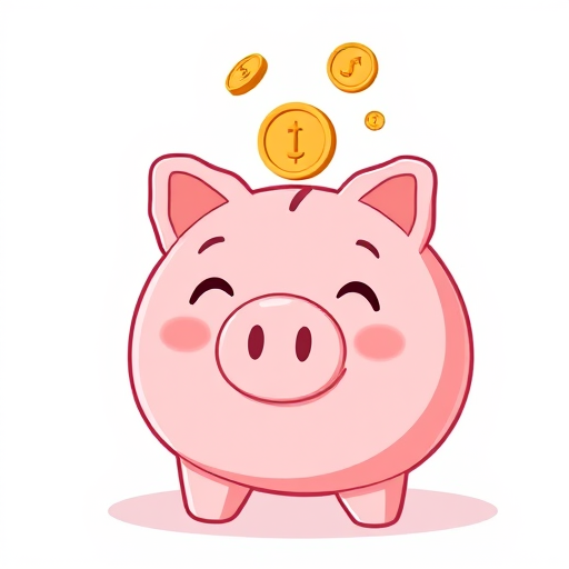 Create a cartoon-style illustration of a smiling pink piggy bank with golden coins floating above it, 50mm lens, f/2.8 aperture, soft focus background, high-resolution digital rendering.