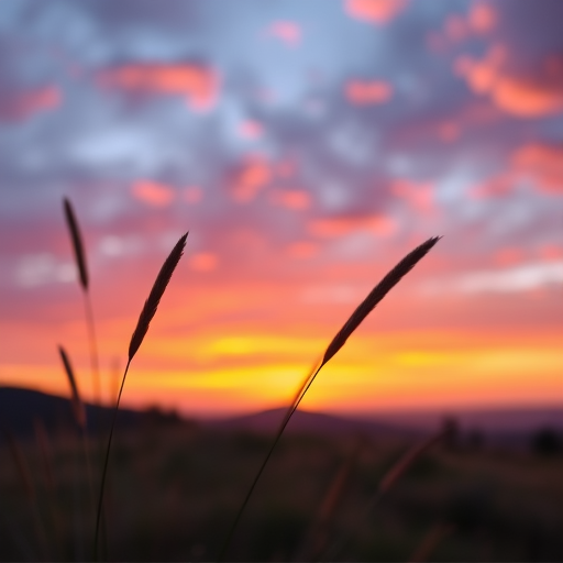 Create a high-resolution image of a serene landscape at sunset with vibrant colors, using a DSLR camera with a 50mm lens, aperture set to f/1.8, ISO 100, and shutter speed of 1/250 seconds, focusing on the foreground elements and blurring the background for depth.