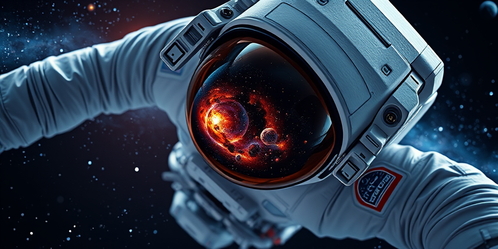 Astronaut floating in space with a galaxy reflected in the helmet, captured with a full-frame DSLR camera, 24mm lens, f/2.8 aperture, ISO 800, 1/200 second shutter speed, wide-angle view, high dynamic range, enhanced color saturation, deep space background with stars and planets.