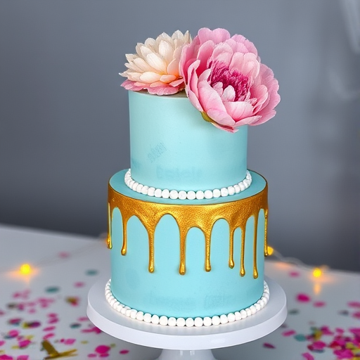 A two-tiered birthday cake with smooth pastel blue buttercream frosting. The top is adorned with gold leaf accents and a large, edible flower arrangement in pink and white peonies. The bottom tier has a gold drip effect, and around the base of the cake are small, dainty pearls. The cake is placed on a white porcelain cake stand, surrounded by confetti and soft string lights for a festive vibe.