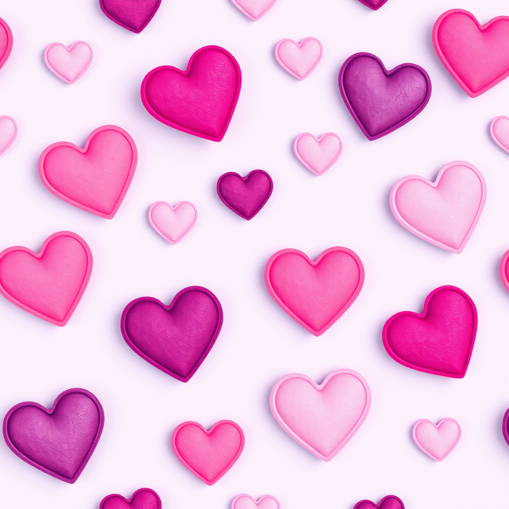 Create a seamless pattern of hearts in pink, purple, and lavender on a soft lavender background, shot with a DSLR camera at f/8 aperture, ISO 100, with a 50mm lens and a top-down perspective for optimal focus and clarity.