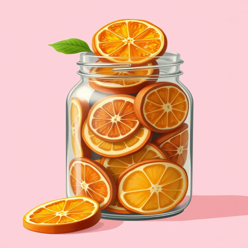 create a detailed illustration of a jar filled with dried citrus slices on a soft pink background, using a DSLR camera with a 50mm lens, aperture set to f/2.8 for a shallow depth of field, and vibrant color saturation to enhance the image quality
