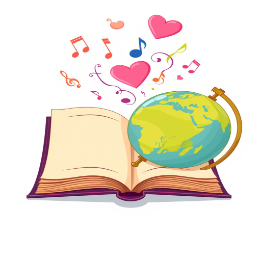 Create an illustration of an open book with a colorful globe beside it, featuring whimsical musical notes, hearts, and swirls floating above the book, shot with a 50mm lens at f/2.8, ISO 100, natural lighting, in a flat lay view for a clean and vibrant look.