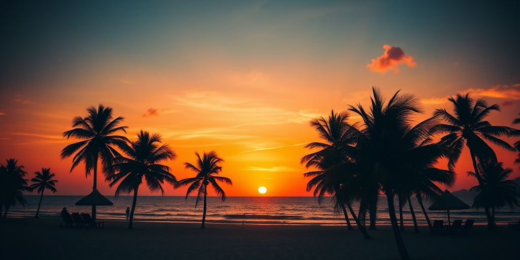 Create a vibrant sunset scene over a tropical beach with palm trees silhouetted against an orange sky, using a DSLR camera with a 50mm lens, aperture set to f/8, ISO 100, and a wide-angle view to enhance the depth of the image.