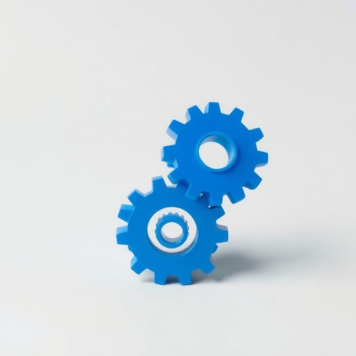 Create a minimalist design featuring three stacked blue gears on a light gray background, with soft shadows for depth; use a DSLR camera with a 50mm lens, aperture set to f/2.8, ISO 100, and a shallow depth of field for a clean, crisp focus.