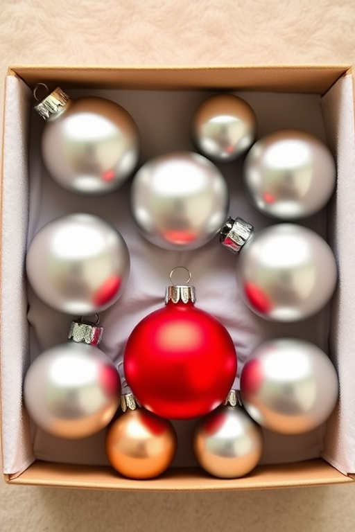 Create an image of a neatly arranged box containing twelve Christmas ornaments. The ornaments should be silver and matte in finish, with one bright red ornament in the center. The box should have a soft, cushioned lining to protect the ornaments, and the overall aesthetic should convey a festive holiday spirit.