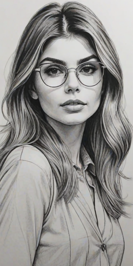 Alluring Olivia Jade Giannulli, pencil sketch, portrait of Graceful woman 1975s in glasses, hair style beatnik, outline, clear lines, fine lines, 8k