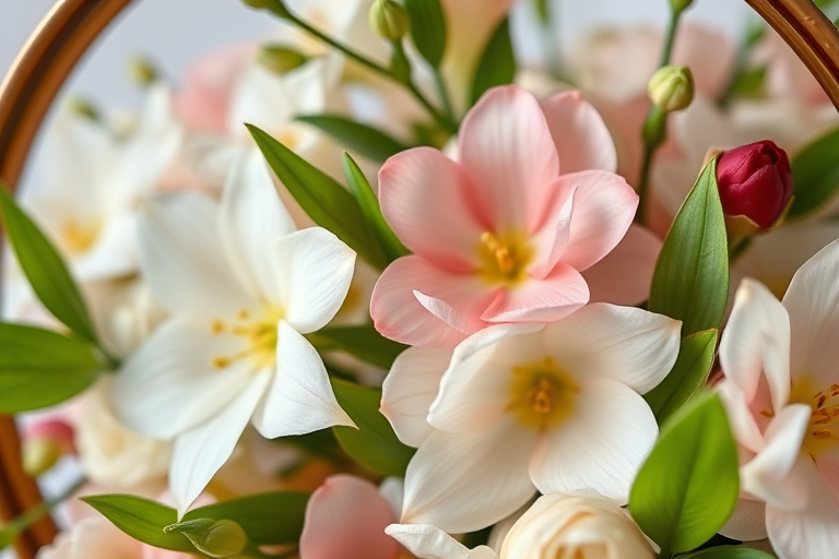 Create a high-resolution floral arrangement featuring soft-colored flowers and lush green leaves in an elegant circular frame, shot with a Canon EOS R5 at f/2.8, ISO 100, with a close-up macro lens from a 45-degree angle for enhanced detail and vibrant colors.
