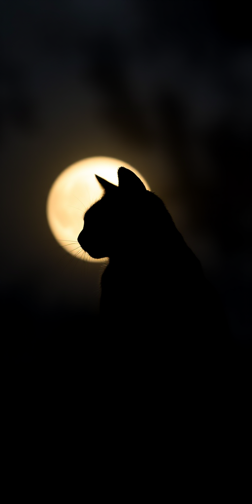 Create a high-contrast black cat silhouette against a moonlit background with a shallow depth of field, 50mm lens, f/1.8 aperture, ISO 200, and soft lighting to enhance clarity and detail.