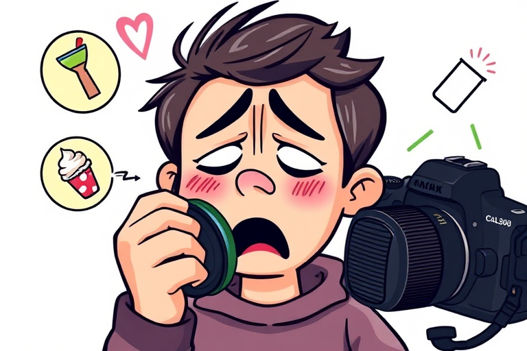 Create a colorful vector illustration depicting a worried character with a sore throat, featuring icons of ice cream, a drink, and medication, using a DSLR camera with a 50mm lens, f/1.8 aperture, ISO 200, and a soft-focus background.