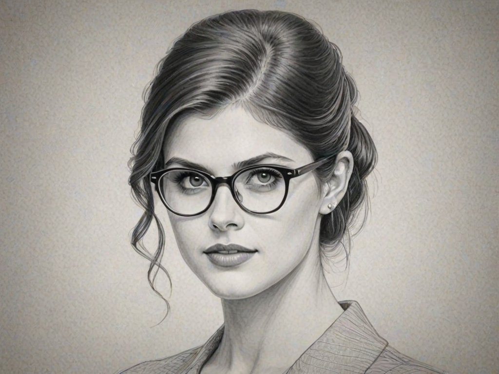 Elegant Alexandra Daddario, pencil sketch, portrait of Dazzling woman 1948s in glasses, hair style beatnik, outline, clear lines, fine lines, 8k