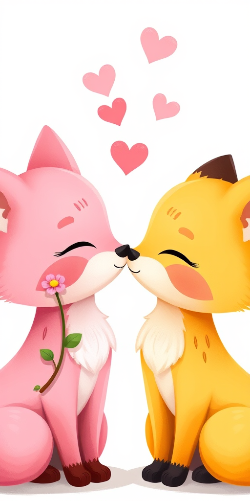 illustration of two cute cartoon foxes, one pink with a flower and one yellow, kissing with hearts above, soft pastel colors, high resolution, 50mm lens, f/1.8 aperture, natural light, center composition, digital art style