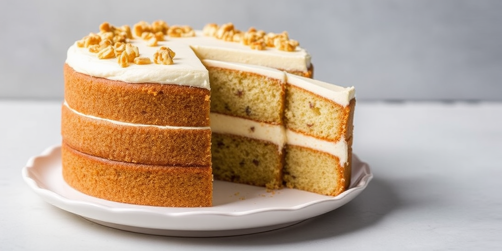 A deliciously layered cake with a light brown sponge and creamy frosting on top garnished with chopped nuts, showcasing a slice cut out to reveal the fluffy interior, served on a simple white plate against a soft gray background.