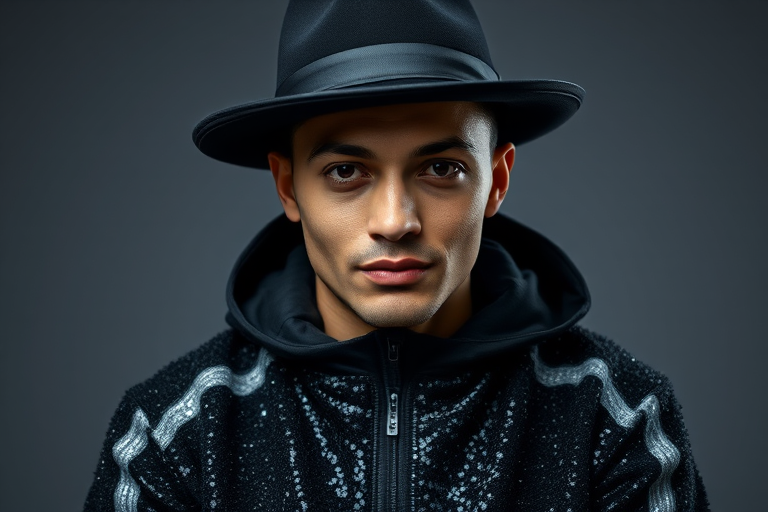 portrait of a person wearing a glittery black jacket with silver stripes and a black hat, front view, studio lighting, f/2.8 aperture, ISO 100, 85mm lens, soft focus background, high dynamic range photography, taken with a DSLR camera