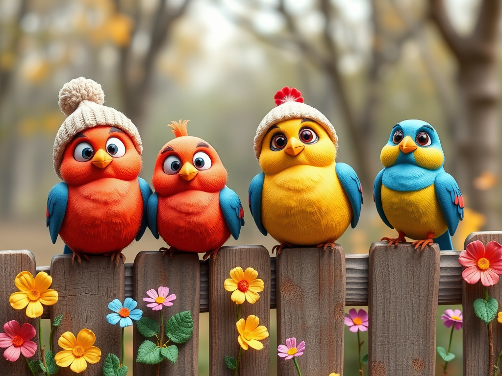 create a scene of 4 quirky  whimsical colourful comical birds each with a funny expression. they are sat on a wooden fence with colourful flowers. they are all different sizes. each one is a different colour  one is wearing a woolly hat. Each one has a different quirky google expression and there is a muted background of trees watercolour paintierly style high definition 8k resolution 3D paper mache