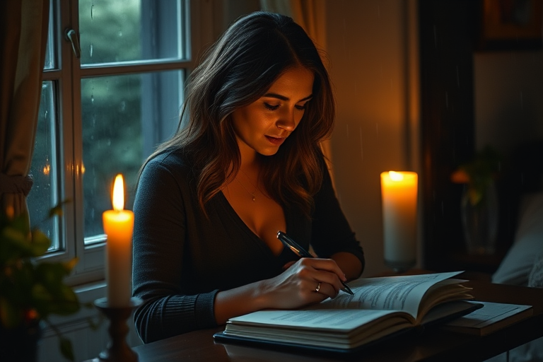 Woman writing in a journal by candlelight, the soft flicker of the flame casting shadows on the walls, and rain gently tapping against the window.