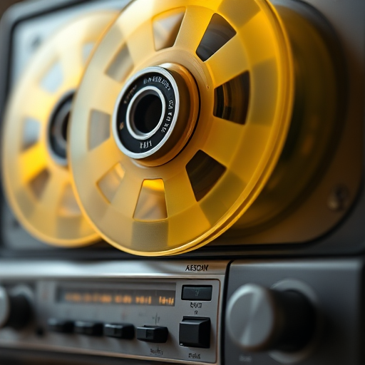 Capture a close-up of a vintage cassette player with vibrant yellow reels, detailed textures, and intricate controls, using a Canon EOS R5, 50mm f/1.2 lens, aperture set to f/2.8, ISO 100, 1/125 sec shutter speed, soft diffused lighting for enhanced depth and contrast.