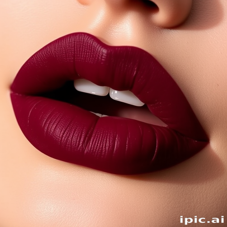 Matte burgundy velvet lips called "Midnight Wine" boast a rich, opaque color payoff and smooth texture, ideal for sophisticated evening events and autumn wardrobes