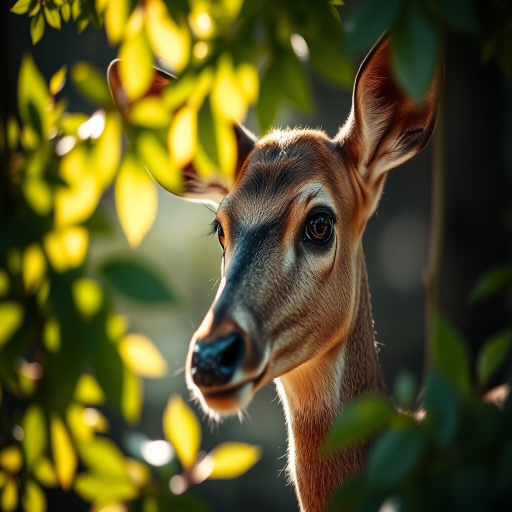 Capture a close-up of a deer partially hidden by foliage, with soft dappled sunlight filtering through leaves, using a DSLR camera with a 50mm lens at f/2.8, ISO 200, and a shallow depth of field to create a blurred background.