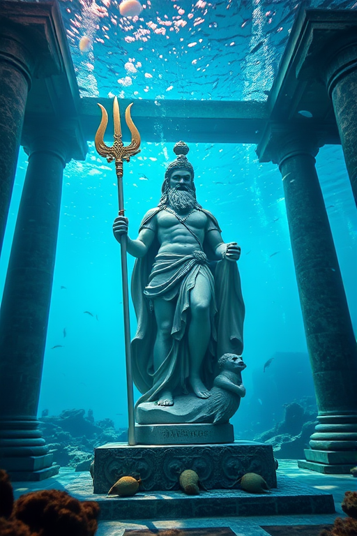 Create an underwater scene featuring a majestic statue of a sea god holding a trident, surrounded by ancient columns and marine life, captured with a Canon EOS R5 at f/8, ISO 200, with a 24mm lens, using a wide-angle view to enhance depth and detail in vivid colors.