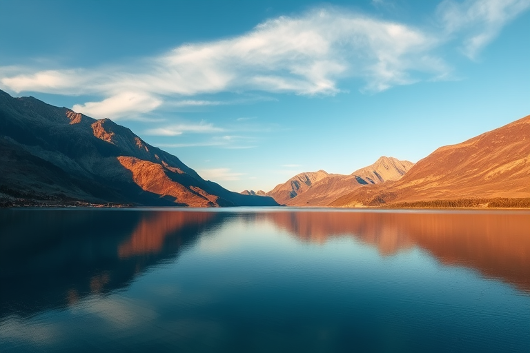 Generate a high-resolution image of a serene landscape featuring a calm lake surrounded by mountains under a clear blue sky, captured with a DSLR camera at 50mm, f/8, ISO 100, with a golden hour lighting style and a wide-angle view.