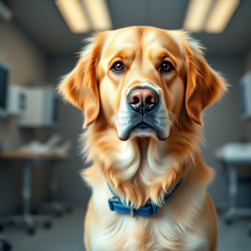 Generate an image of a golden retriever with a calm expression, standing in a veterinary clinic. The background should include soft lighting and hints of medical equipment. The dog should have a blue collar and be looking directly at the viewer.