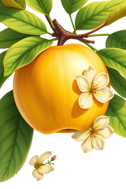 Regenerate a detailed, high-resolution illustration of a yellow apple on a branch with leaves and a flower, using a Canon EOS R5, ISO 100, f/8, 50mm lens, top-down view, with natural lighting for enhanced clarity and vibrancy.