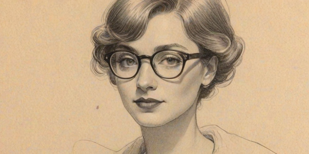 Superb Ursula Parker, pencil sketch, portrait of Radiant woman 1921s in glasses, hair style beatnik, outline, clear lines, fine lines, 8k