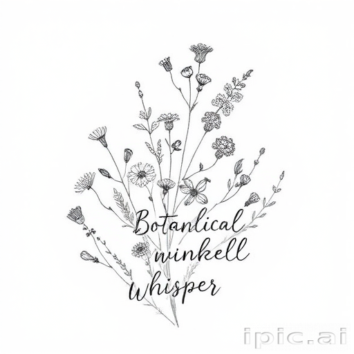 Delicate fine line "Botanical Whisper" tattoo illustration depicting a variety of wildflowers and herbs intertwined with delicate script creating a soft and romantic aesthetic suitable for wrists or ankles