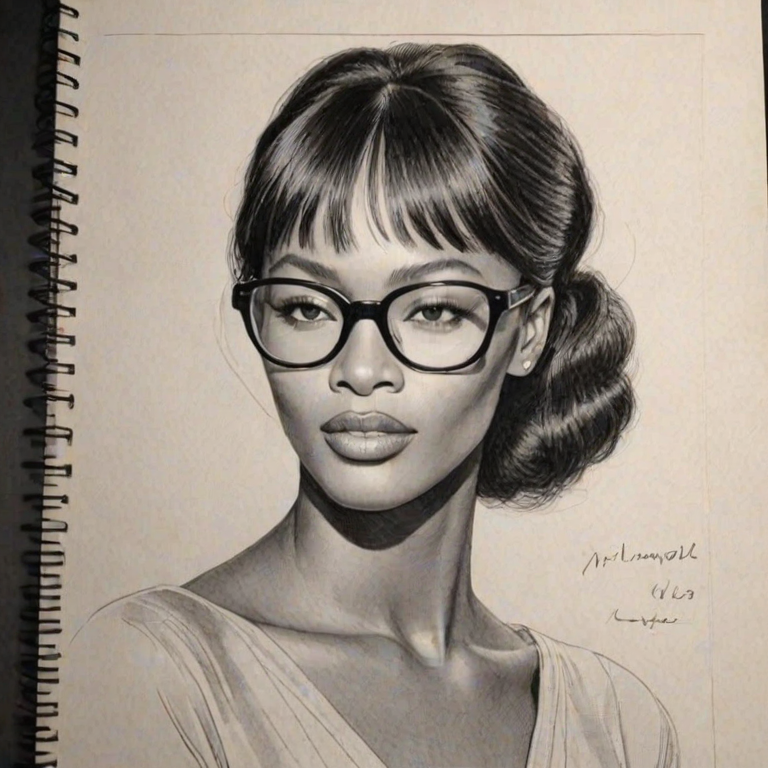 Comely Naomi Campbell, pencil sketch, portrait of Sublime woman 1948s in glasses, hair style beatnik, outline, clear lines, fine lines, 8k