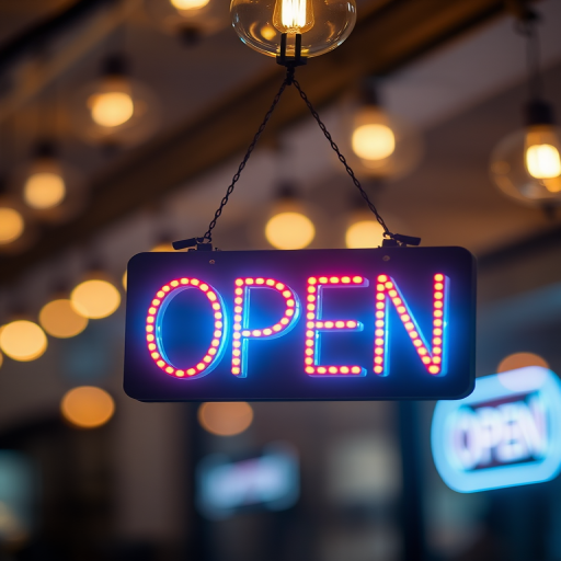 Create a high-resolution image of a hanging open sign with a shallow depth of field, illuminated by soft bokeh lights in the background, captured with a DSLR camera, 50mm lens, f/2.8 aperture, ISO 100, and natural lighting.