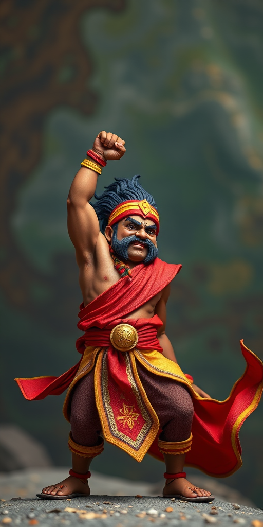 Create a high-resolution image of a stylized character symbolizing strength and resilience, with a dynamic pose, vibrant colors and intricate details, captured using a Canon EOS R5 at f/2.8, ISO 100, with a 50mm lens in portrait orientation.