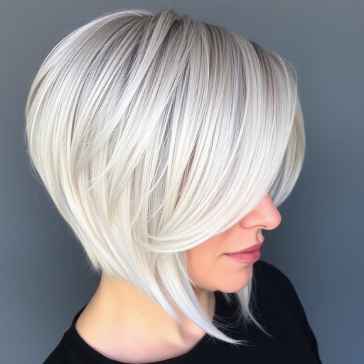 Sophisticated silver fox bob with a sleek side part, featuring icy platinum streaks and a glass-like shine for a polished and timeless look