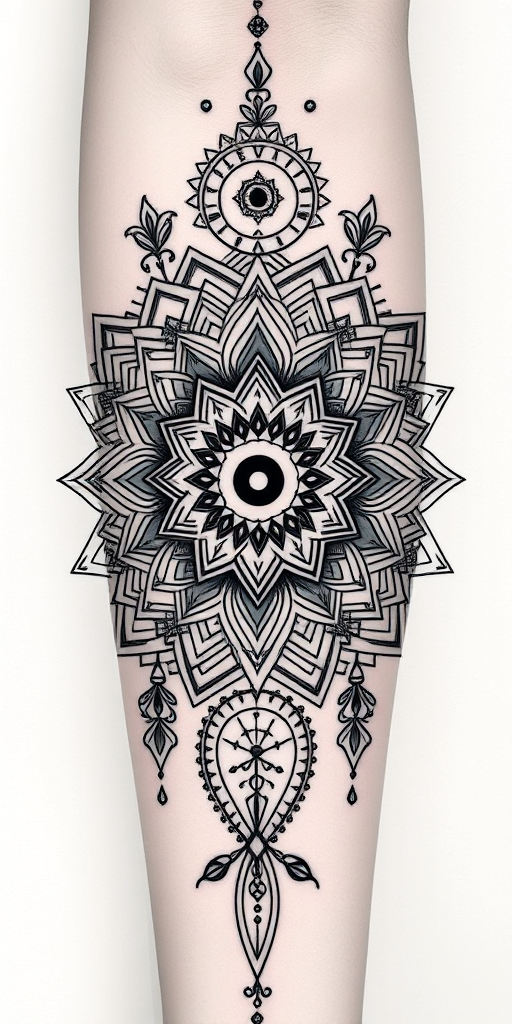 Intricate blackwork tattoo called "Shadow Weave" incorporating delicate geometric patterns and mandala-inspired designs with precise linework and bold negative space elements