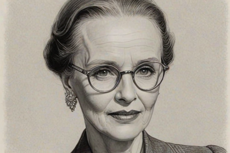 Graceful Jessica Tandy, pencil sketch, portrait of Elegant woman 1921s in glasses, hair style beatnik, outline, clear lines, fine lines, 8k